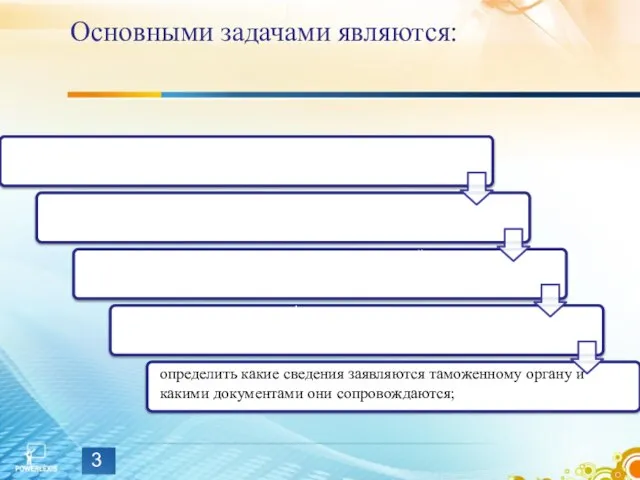 Основными задачами являются: определить какие сведения заявляются таможенному органу и какими документами они сопровождаются;