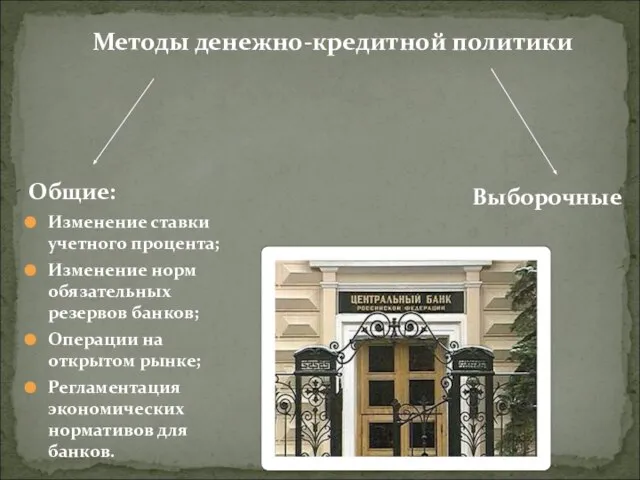 Методы денежно-кредитной политики Выборочные Общие: Изменение ставки учетного процента; Изменение норм