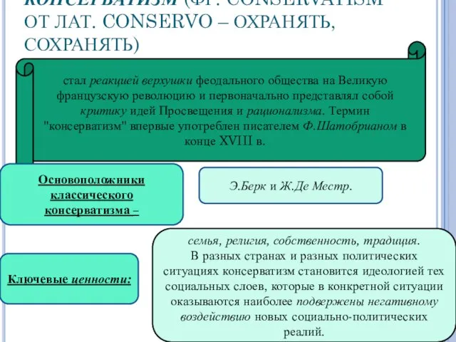 КОНСЕРВАТИЗМ (ФР. CONSERVATISM ОТ ЛАТ. CONSERVO – ОХРАНЯТЬ, СОХРАНЯТЬ) стал реакцией