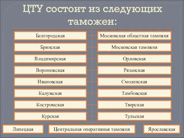 ЦТУ состоит из следующих таможен: Владимирская Брянская Белгородская Воронежская Ивановская Калужская