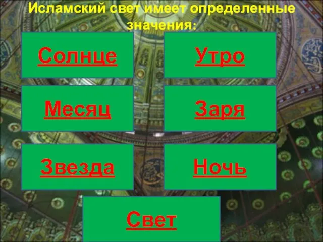 Исламский свет имеет определенные значения: Солнце Месяц Звезда Утро Заря Ночь Свет