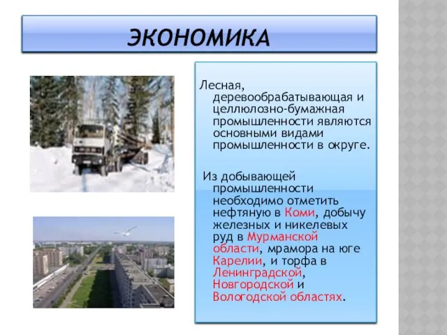 Лесная,деревообрабатывающая и целлюлозно-бумажная промышленности являются основными видами промышленности в округе. Из