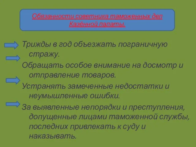 Трижды в год объезжать пограничную стражу. Обращать особое внимание на досмотр