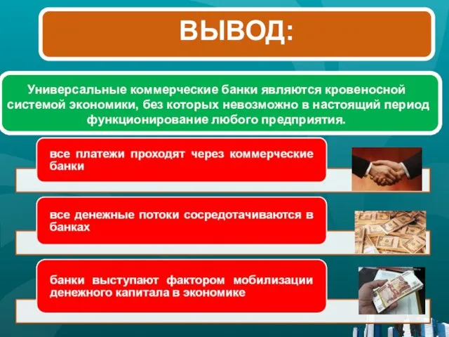 ВЫВОД: Универсальные коммерческие банки являются кровеносной системой экономики, без которых невозможно