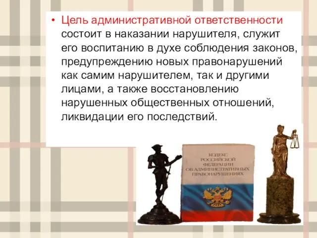 Цель административной ответственности состоит в наказании нарушителя, служит его воспитанию в