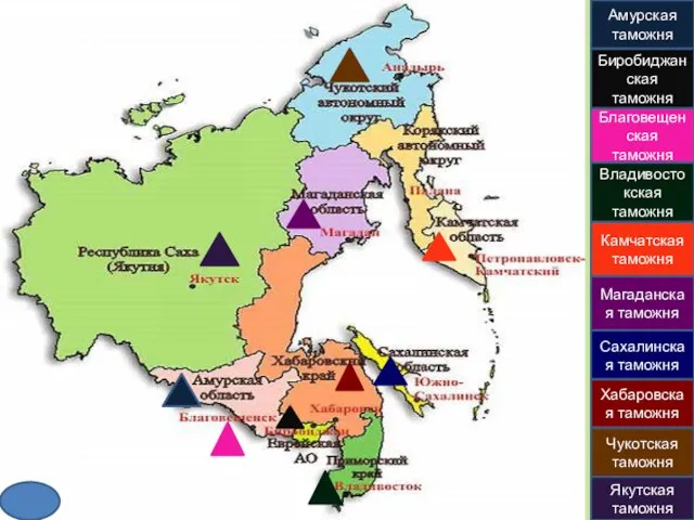 Амурская таможня Биробиджанская таможня Благовещенская таможня Владивостокская таможня Камчатская таможня Магаданская