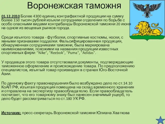 Воронежская таможня 01.12.2010 Более 4300 единиц контрафактной продукции на сумму более