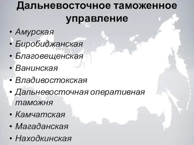 Дальневосточное таможенное управление Амурская Биробиджанская Благовещенская Ванинская Владивостокская Дальневосточная оперативная таможня