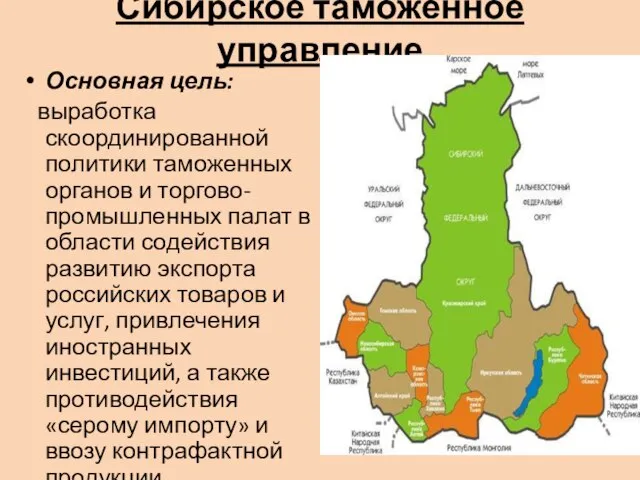 Сибирское таможенное управление Основная цель: выработка скоординированной политики таможенных органов и