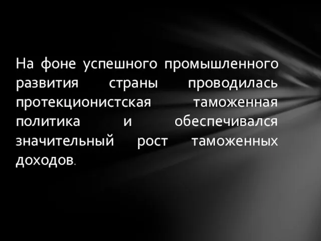 На фоне успешного промышленного развития страны проводилась протекционистская таможенная политика и обеспечивался значительный рост таможенных доходов.