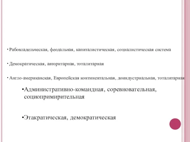 Административно-командная, соревновательная, социопримирительная Этакратическая, демократическая