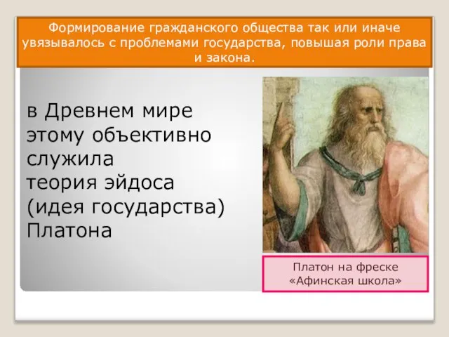 в Древнем мире этому объективно служила теория эйдоса (идея государства) Платона