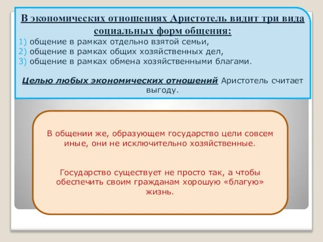 В экономических отношениях Аристотель видит три вида социальных форм общения: 1)