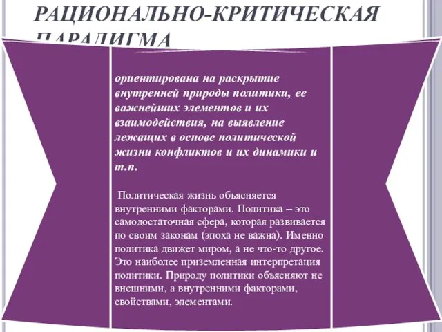 РАЦИОНАЛЬНО-КРИТИЧЕСКАЯ ПАРАДИГМА ориентирована на раскрытие внутренней природы политики, ее важнейших элементов