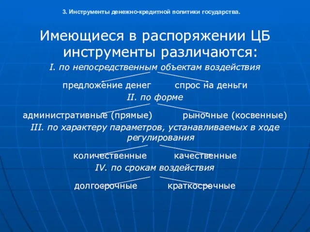 3. Инструменты денежно-кредитной политики государства. Имеющиеся в распоряжении ЦБ инструменты различаются: