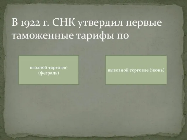 В 1922 г. СНК утвердил первые таможенные тарифы по ввозной торговле (февраль) вывозной торговле (июнь)