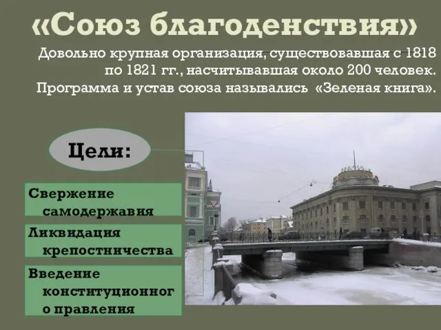 «Союз благоденствия» Довольно крупная организация, существовавшая с 1818 по 1821 гг.,