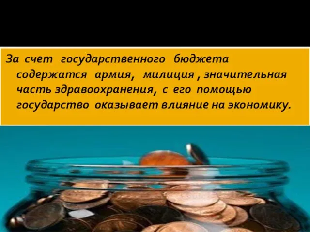 За счет государственного бюджета содержатся армия, милиция , значительная часть здравоохранения,