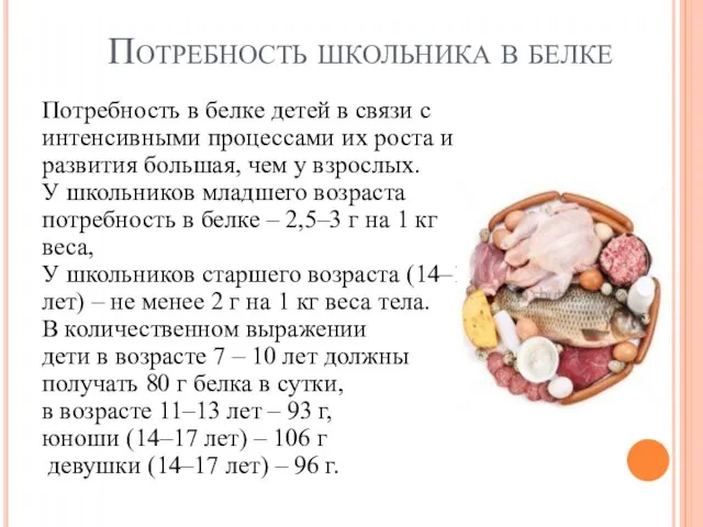 Потребность школьника в белке Потребность в белке детей в связи с