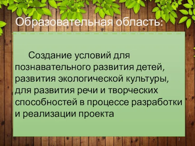 Образовательная область: Создание условий для познавательного развития детей, развития экологической культуры,