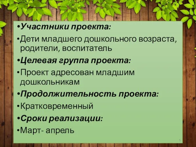 Участники проекта: Дети младшего дошкольного возраста, родители, воспитатель Целевая группа проекта: