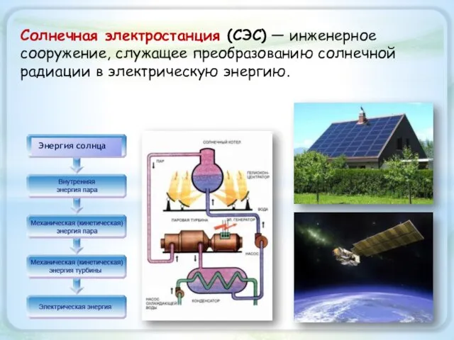 Энергия солнца Солнечная электростанция (СЭС) — инженерное сооружение, служащее преобразованию солнечной радиации в электрическую энергию.
