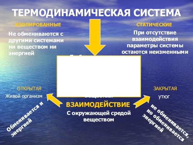 ТЕРМОДИНАМИЧЕСКАЯ СИСТЕМА Любая совокупность макроскопических тел, которые взаимодействуют между собой и