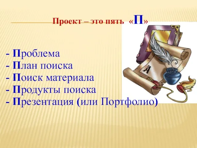 Проект – это пять «П» Проблема План поиска Поиск материала Продукты поиска Презентация (или Портфолио)