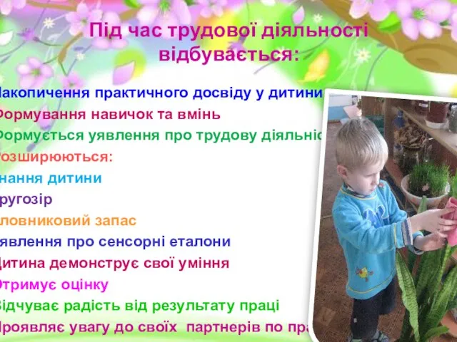 Під час трудової діяльності відбувається: Накопичення практичного досвіду у дитини Формування