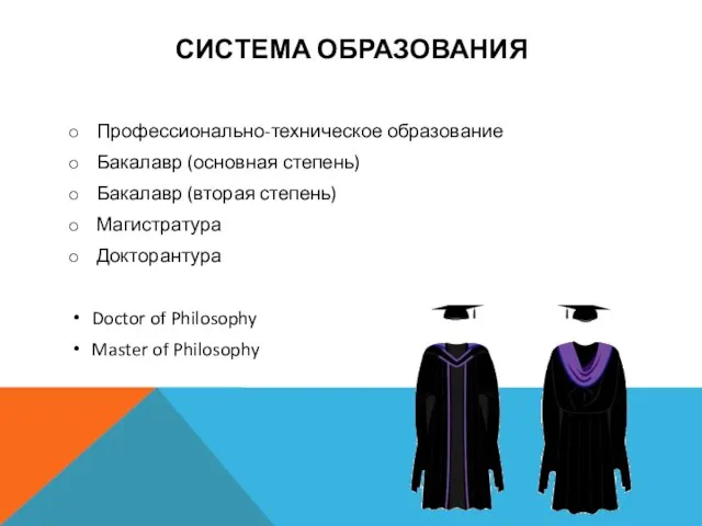 Система образования Профессионально-техническое образование Бакалавр (основная степень) Бакалавр (вторая степень) Магистратура