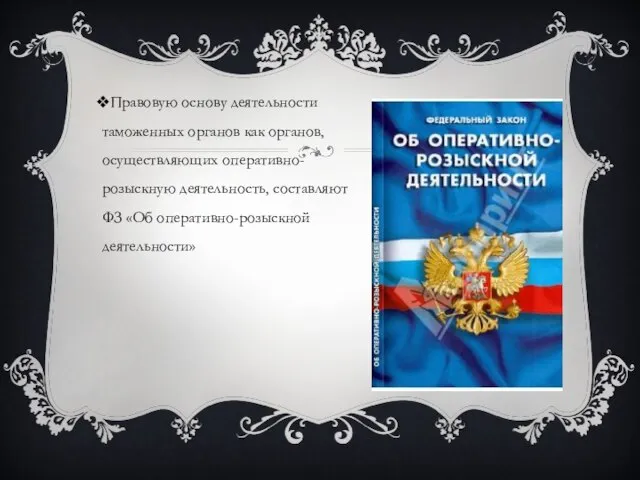 Правовую основу деятельности таможенных органов как органов, осуществляющих оперативно-розыскную деятельность, составляют ФЗ «Об оперативно-розыскной деятельности»