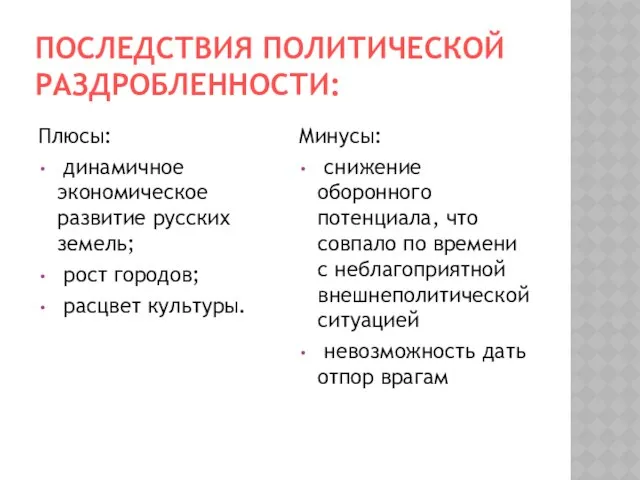 ПОСЛЕДСТВИЯ ПОЛИТИЧЕСКОЙ РАЗДРОБЛЕННОСТИ: Плюсы: динамичное экономическое развитие русских земель; рост городов;