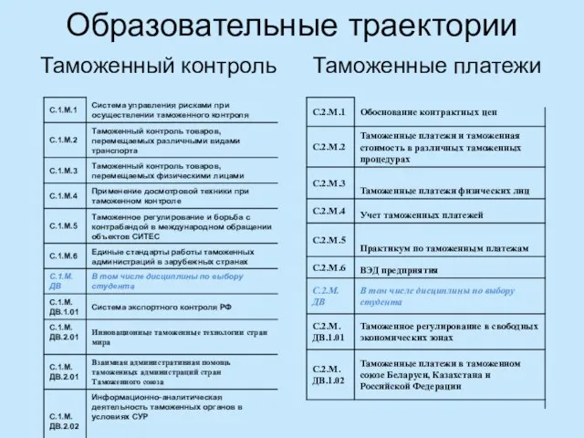 Образовательные траектории Таможенные платежи Таможенный контроль