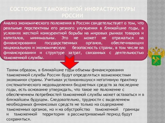 Состояние таможенной инфраструктуры России Таким образом, в ближайшие годы объемы финансирования