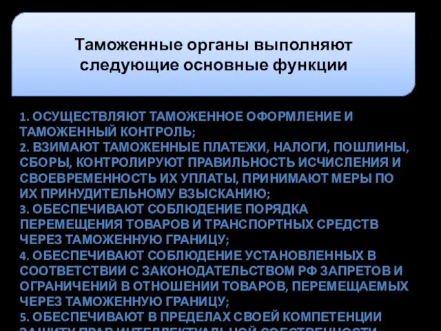 Таможенные органы выполняют следующие основные функции 1. осуществляют таможенное оформление и