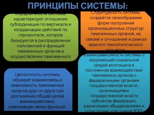 Принципы системы: Целостность системы образует взаимосвязь и зависимость таможенных органов друг