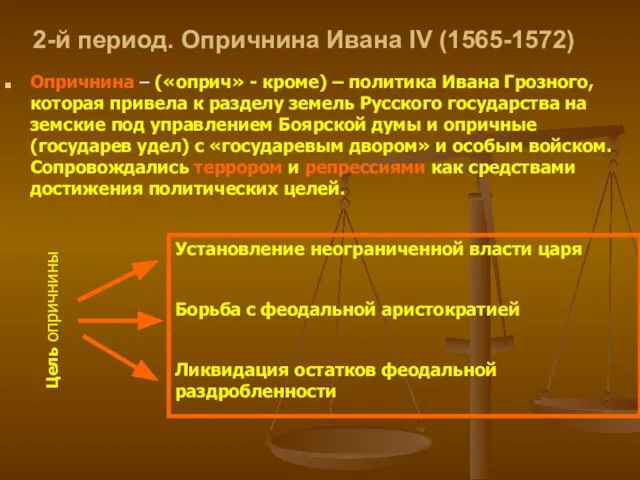 2-й период. Опричнина Ивана IV (1565-1572) Опричнина – («оприч» - кроме)