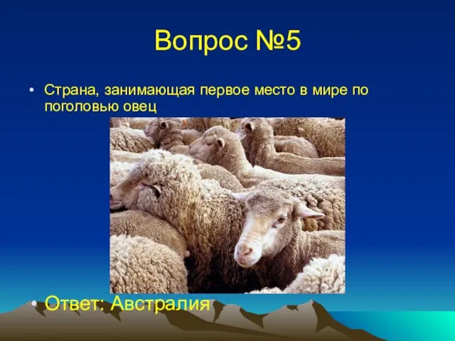 Вопрос №5 Страна, занимающая первое место в мире по поголовью овец Ответ: Австралия