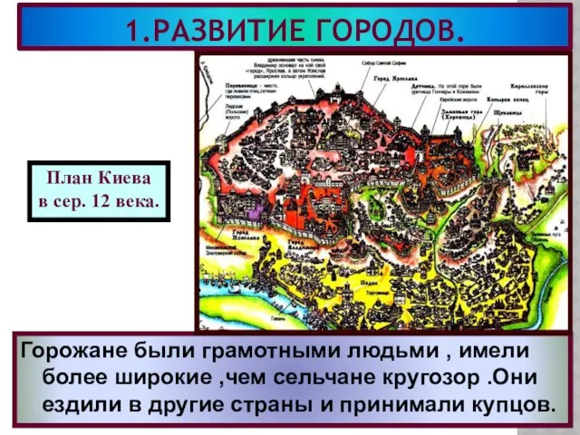 1.РАЗВИТИЕ ГОРОДОВ. Внутри кремля располагались монастыри,церк ви,княжеские хоромы.Часто крепости дели-лись внутренними