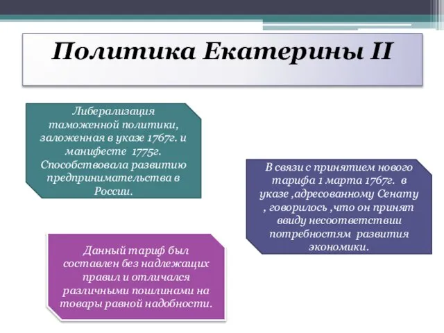 Политика Екатерины II Либерализация таможенной политики, заложенная в указе 1767г. и