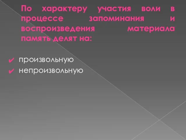 По характеру участия воли в процессе запоминания и воспроизведения материала память делят на: произвольную непроизвольную