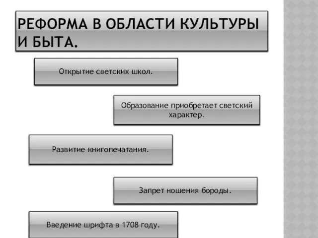 Реформа в области культуры и быта. Открытие светских школ. Образование приобретает