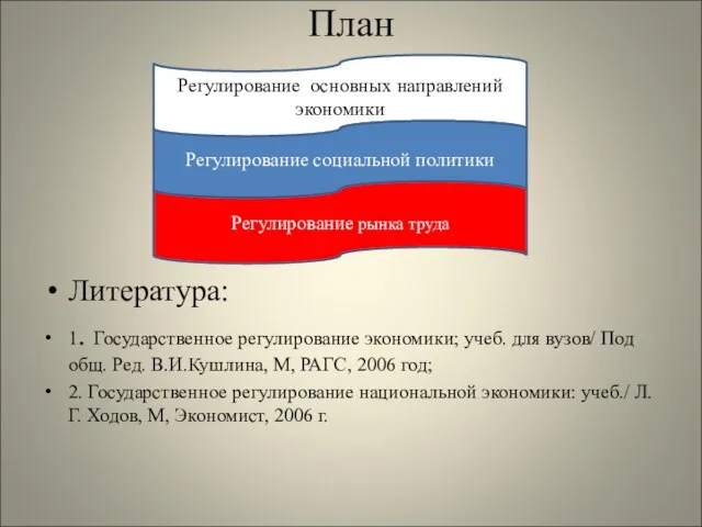 План Литература: 1. Государственное регулирование экономики; учеб. для вузов/ Под общ.