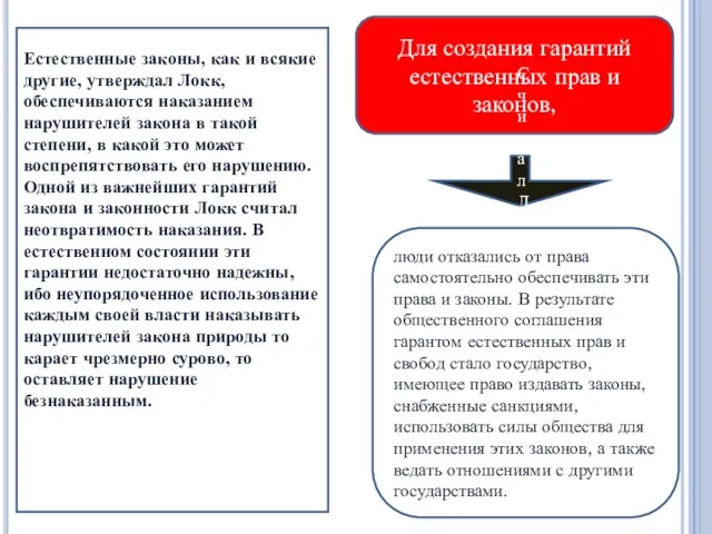 Для создания гарантий естественных прав и законов, Считал Локк, люди отказались