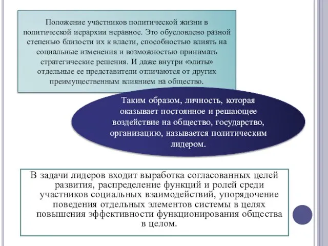 В задачи лидеров входит выработка согласованных целей развития, распределение функций и