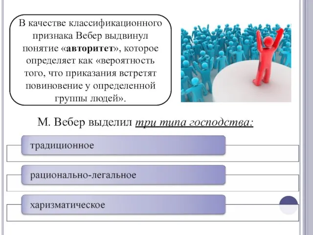 В качестве классификационного признака Вебер выдвинул понятие «авторитет», которое определяет как