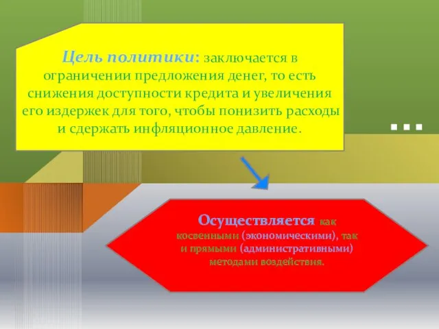 Цель политики: заключается в ограничении предложения денег, то есть снижения доступности