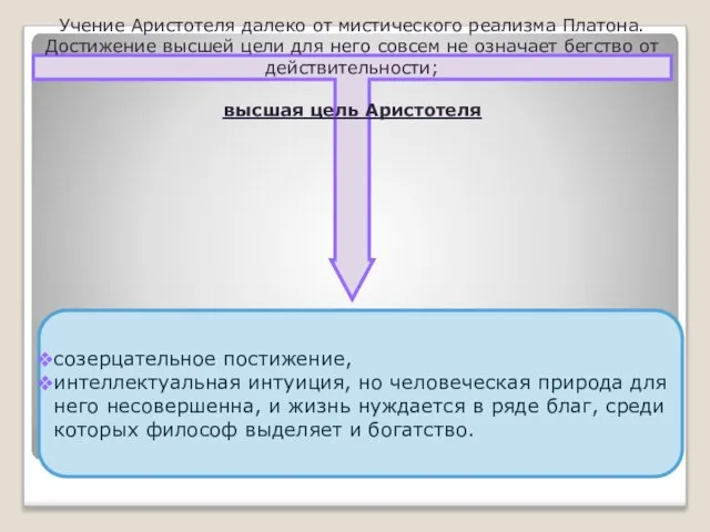 Учение Аристотеля далеко от мистического реализма Платона. Достижение высшей цели для