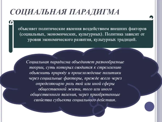 СОЦИАЛЬНАЯ ПАРАДИГМА объясняет политические явления воздействием внешних факторов (социальных, экономических, культурных).