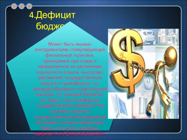 4.Дефицит бюджета. Может быть вызван инструментами стимулирующей фискальной политики, проводимой при